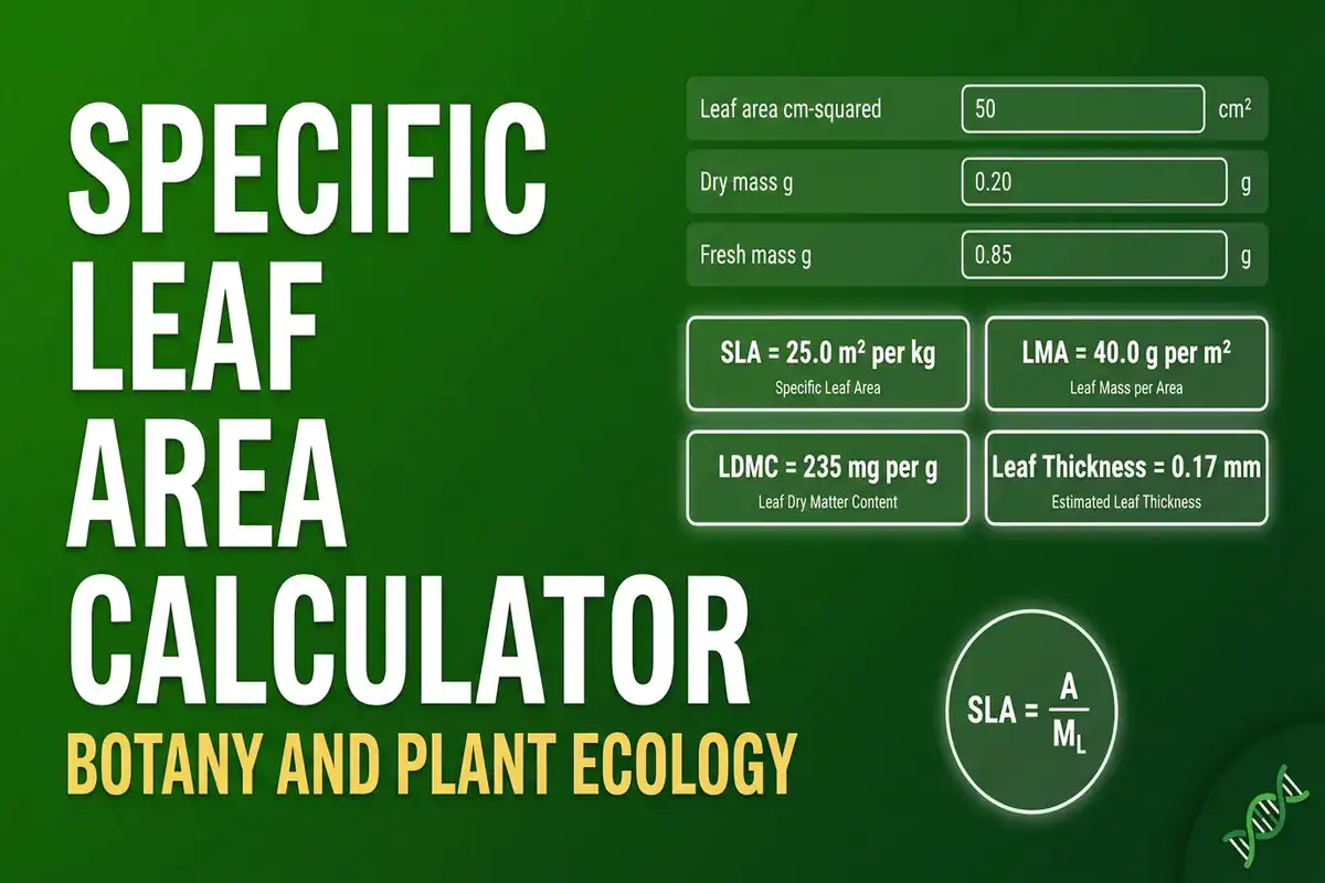 Specific leaf area calculator interface showing SLA, LMA, LDMC, and leaf thickness outputs from leaf area and dry mass inputs