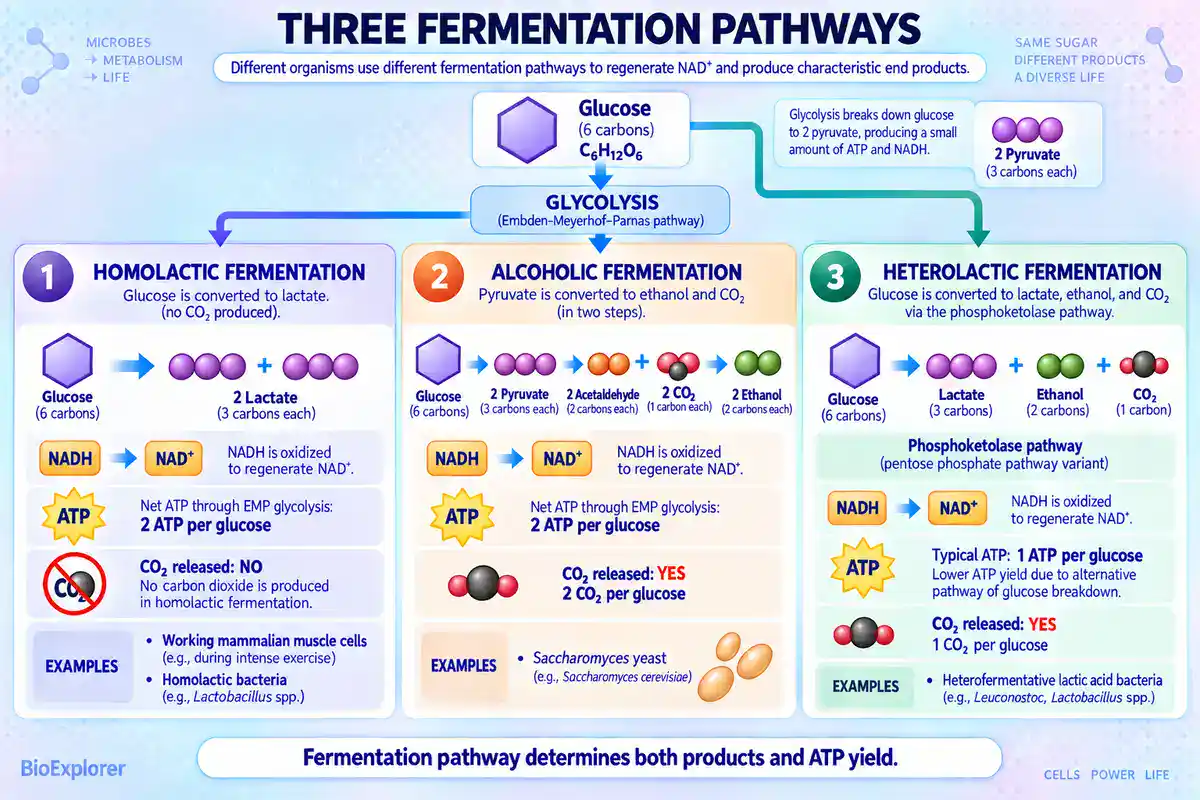 Three fermentation pathways infographic comparing homolactic, alcoholic, and heterolactic fermentation, showing their end products, NADH to NAD+ regeneration, ATP yield, and whether carbon dioxide is released.