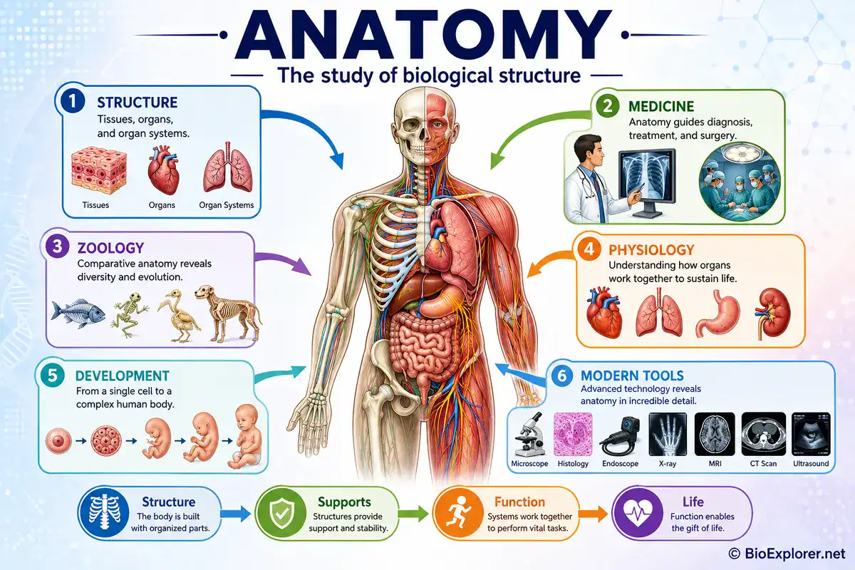 Anatomy infographic explaining the types of anatomy, including human anatomy, animal anatomy, microscopic anatomy, cells, tissues, organs, organ systems, and related medical fields.