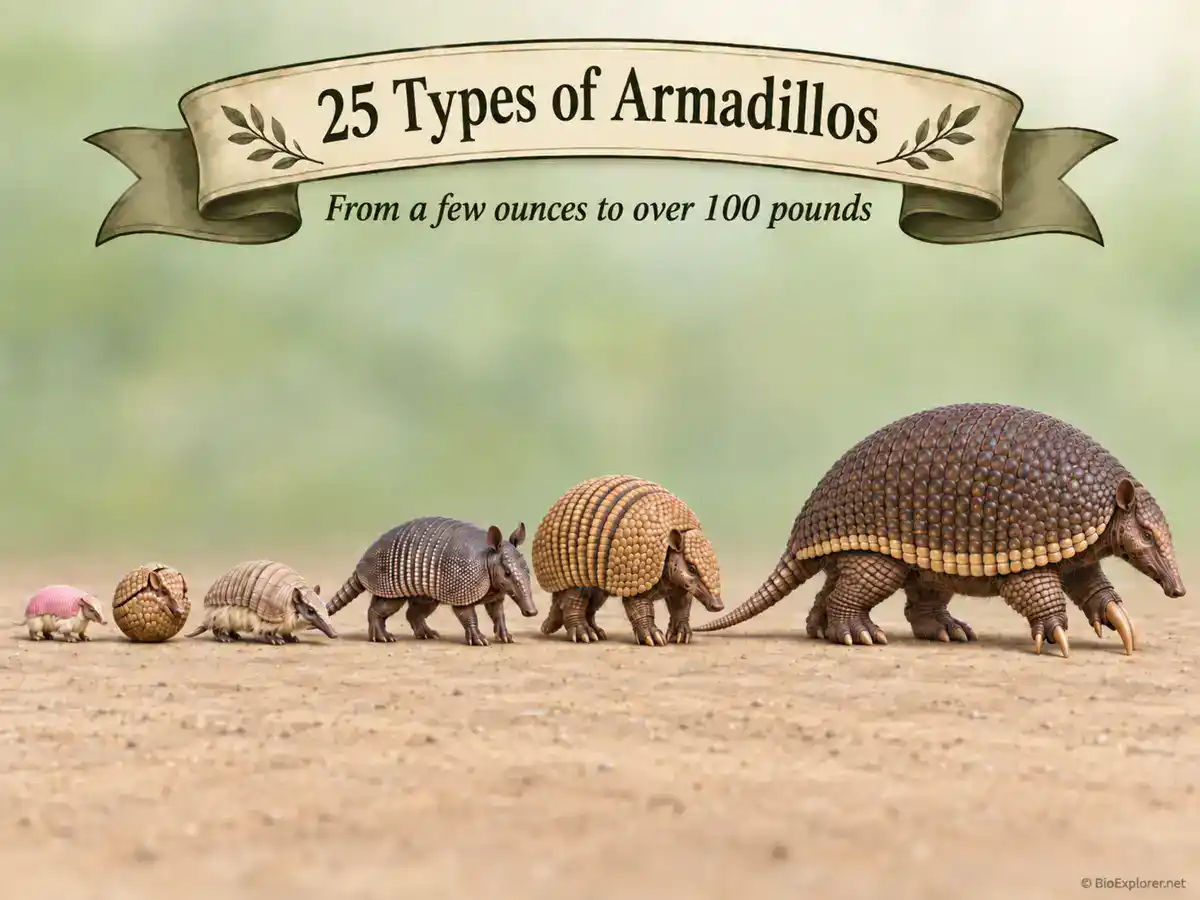25 types of armadillos lined up by size, from the tiny pink fairy armadillo to the giant armadillo