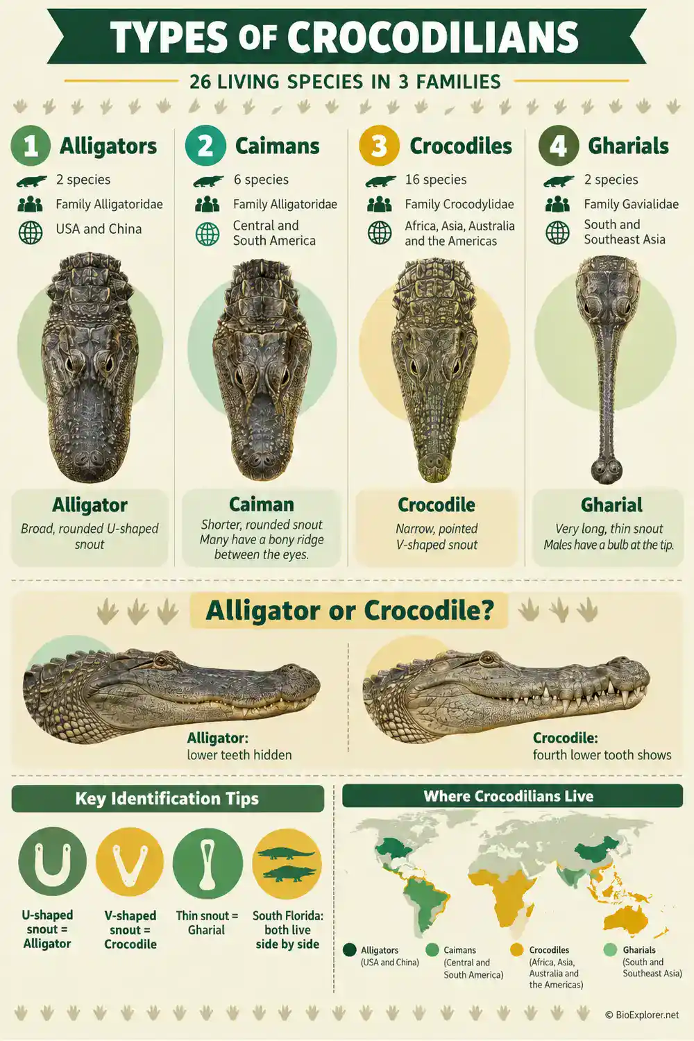 Infographic comparing the 4 groups of crocodilians: alligators, caimans, crocodiles and gharials, with snout shapes and how to tell an alligator from a crocodile.