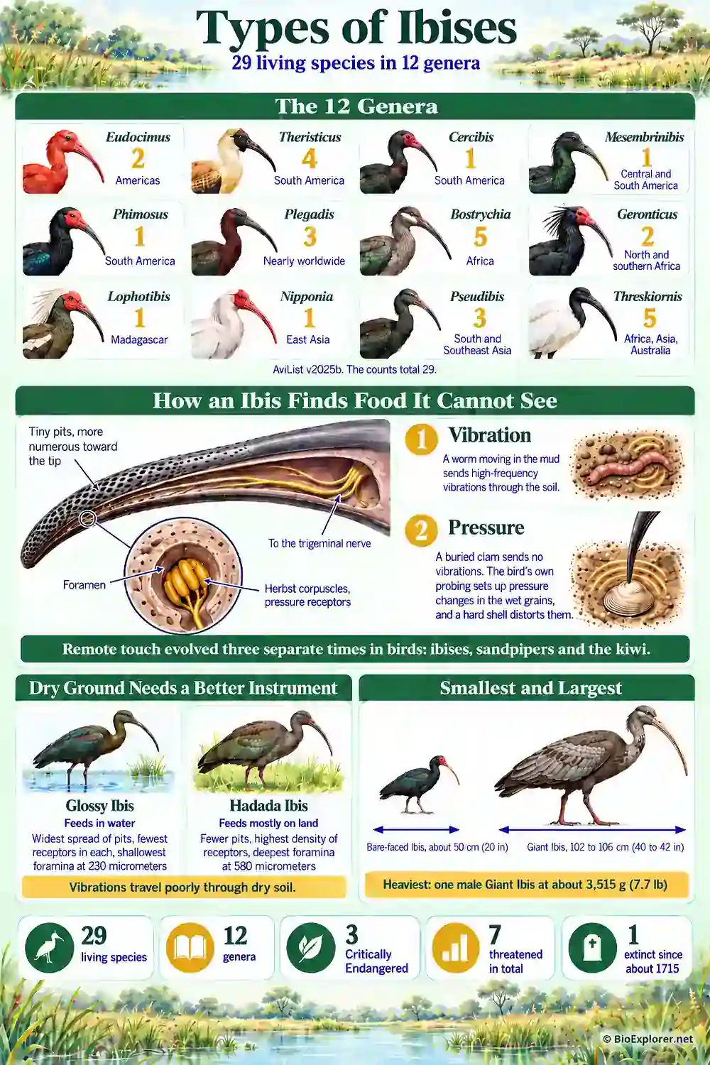 Types of ibises infographic showing the 12 ibis genera, how remote touch works in the bill tip, the smallest and largest species, and the conservation picture