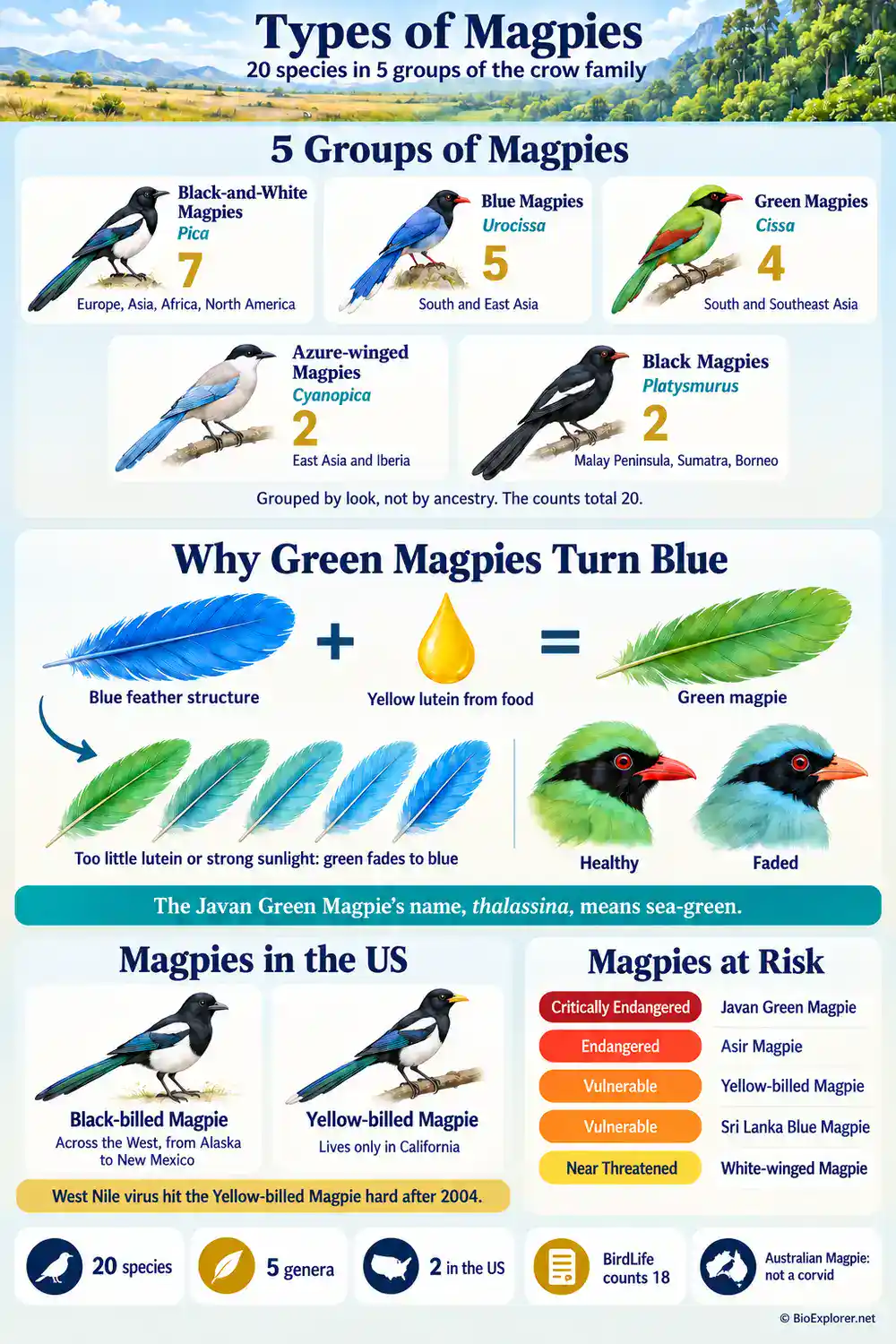 Types of magpies infographic showing the five groups of magpies in the crow family, why green magpies turn blue, the two magpies of the United States and the five magpies at risk