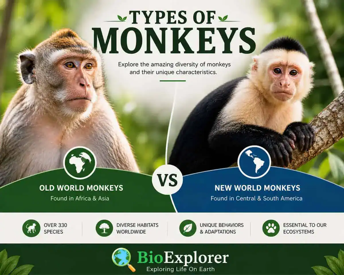 Infographic showing types of monkeys, comparing Old World and New World monkeys with examples like macaque and capuchin and highlighting over 330 species