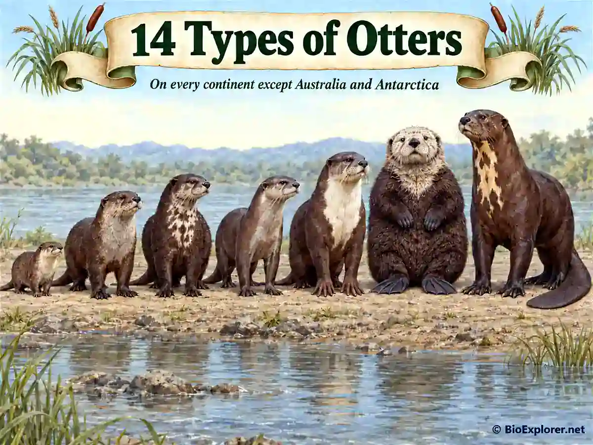 14 types of otters lined up by size, from the small Asian small-clawed otter to the giant otter