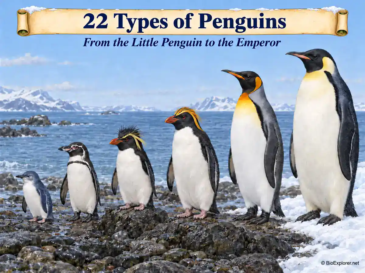 Six types of penguins lined up by size on a rocky shore, from the tiny blue Little Penguin to the tall Emperor Penguin