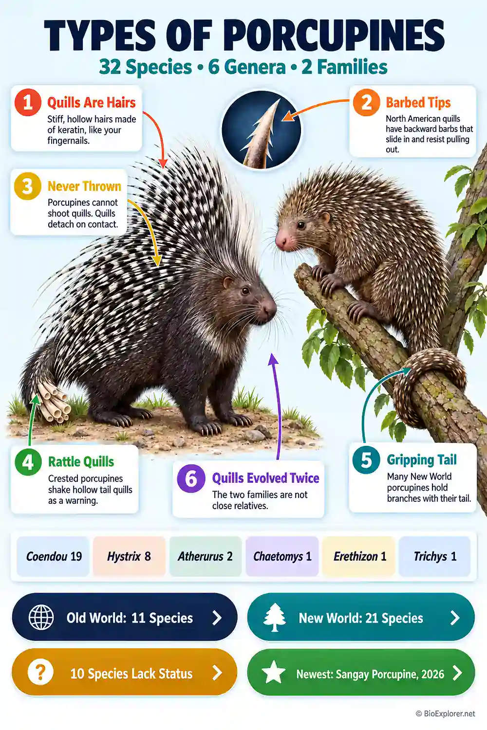 Infographic on the 32 types of porcupines, showing how quills work, rattle quills, prehensile tails, and the species count by family and genus