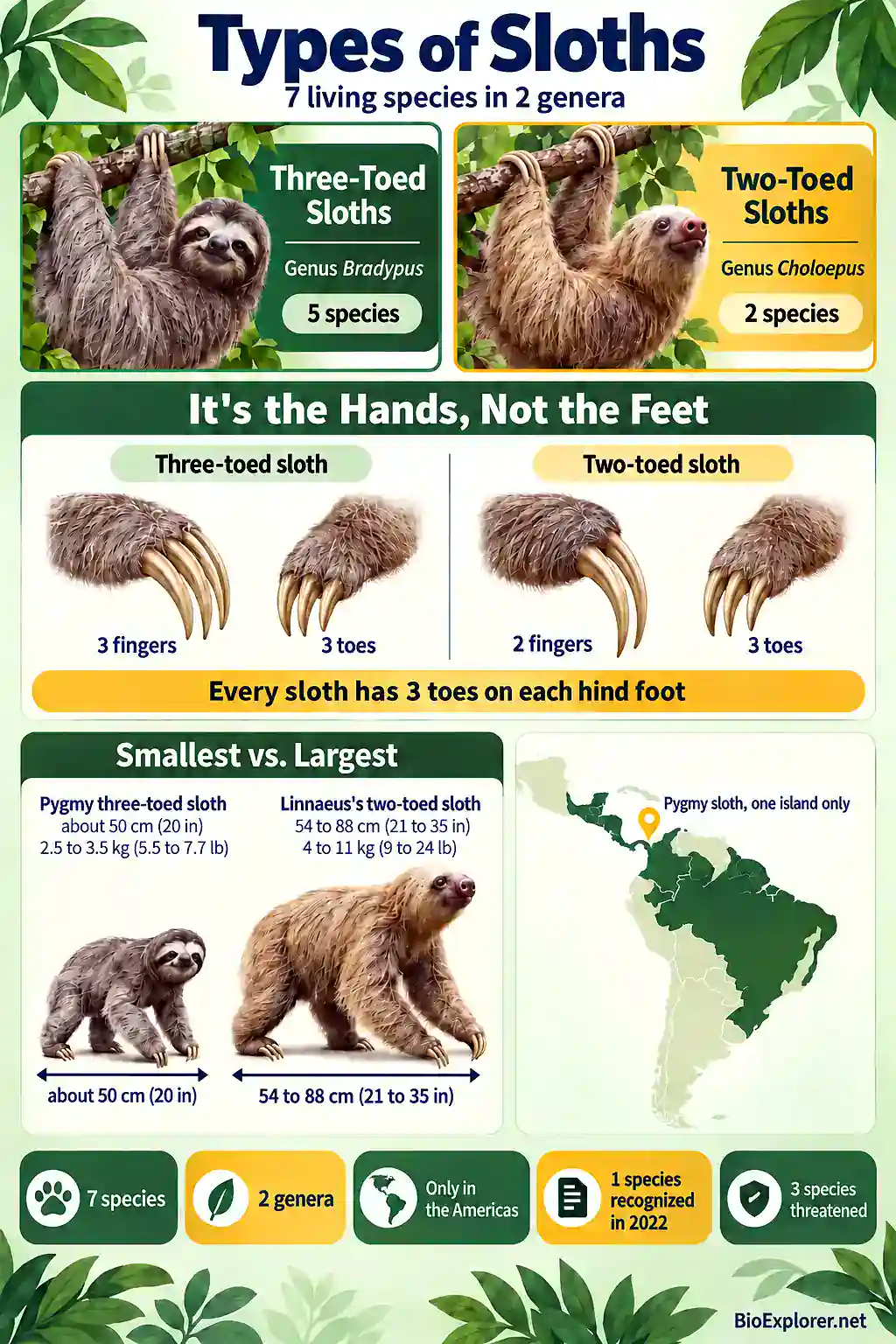 Types of Sloths Infographic Types of sloths infographic showing the 2 sloth genera, fingers versus toes, the smallest and largest species, and where sloths live