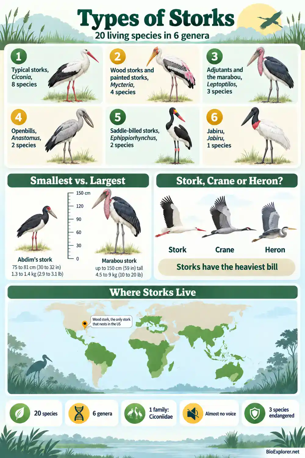 Types of Storks Infographic Types of storks infographic showing the 6 stork genera, the smallest and largest species, how to tell storks from cranes and herons, and where storks live