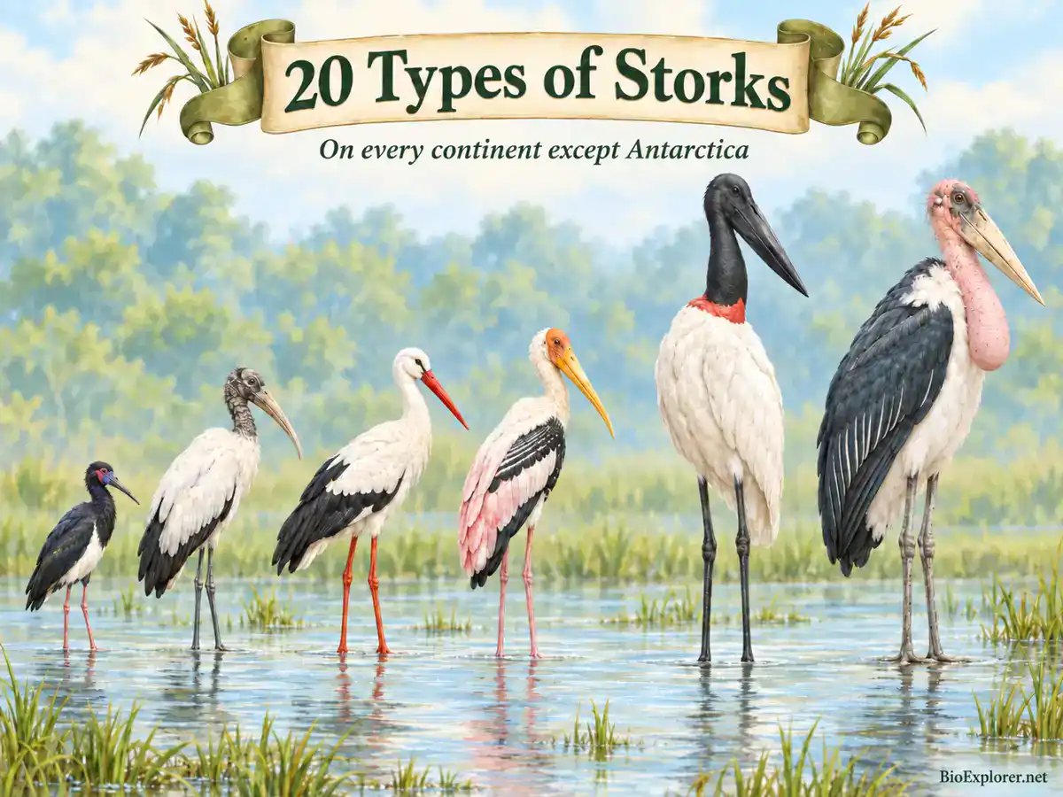 20 types of storks lined up by size, from the small Abdim's stork to the giant marabou stork
