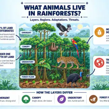 Rainforest layers from emergent to forest floor with a harpy eagle, scarlet macaw, sloth, jaguar and cassowary