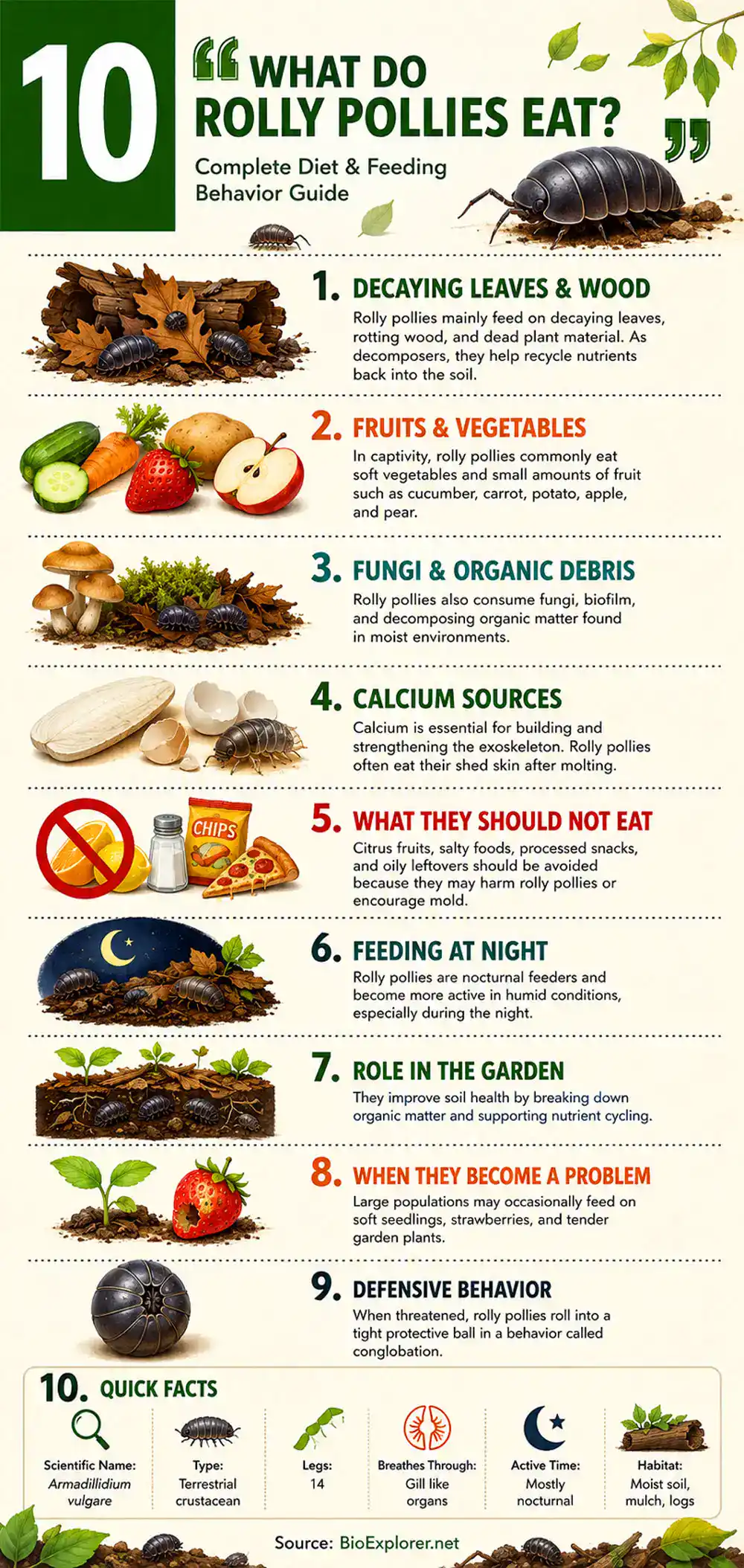 Infographic showing what rolly pollies eat including decaying leaves, rotting wood, fruits, vegetables, fungi, calcium sources, nighttime feeding habits, garden benefits, and foods they should avoid