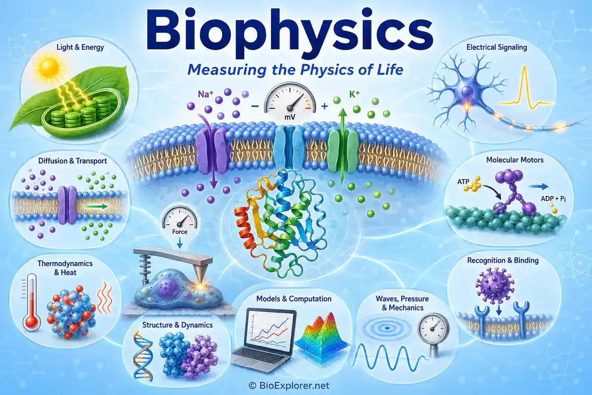 Biophysics infographic showing membrane voltage, ion channels, protein folding, diffusion, molecular motors, electrical signaling, light energy, thermodynamics, force, pressure, waves, models, and computation.