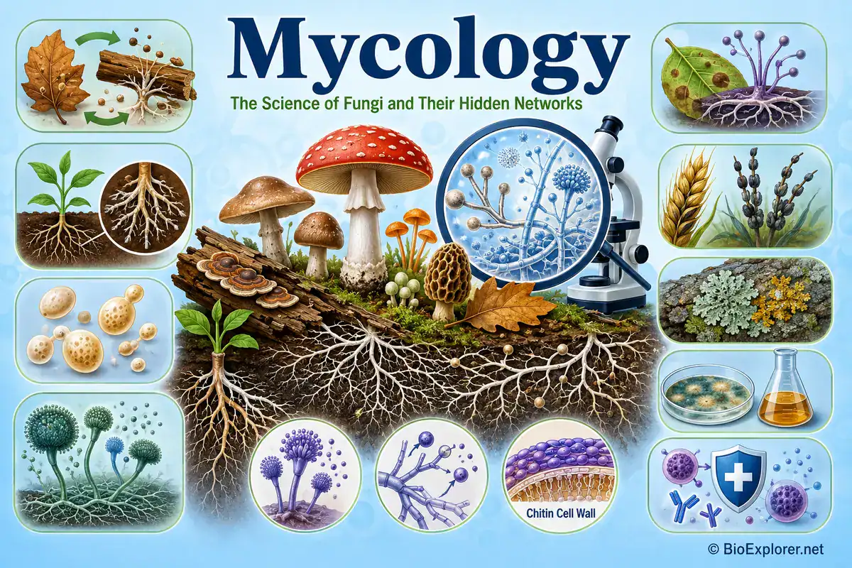 Mycology infographic showing mushrooms, molds, yeasts, lichens, spores, hyphae, mycelium networks, mycorrhizal fungi, chitin cell walls, decomposition, fungal pathogens, and biotechnology uses.