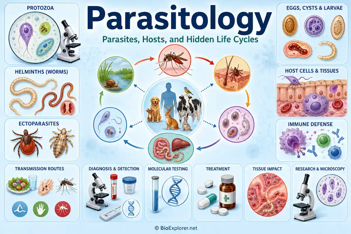 Parasitology infographic showing parasites, hosts, protozoa, helminths, ectoparasites, eggs, cysts, larvae, transmission routes, host cells, immune defense, diagnosis, molecular testing, treatment, and parasite life cycles.
