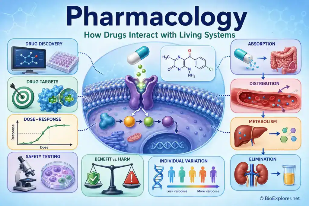 Pharmacology infographic showing drug-receptor binding, drug discovery, absorption, distribution, metabolism, elimination, dose response, safety testing, drug targets, and individual variation.