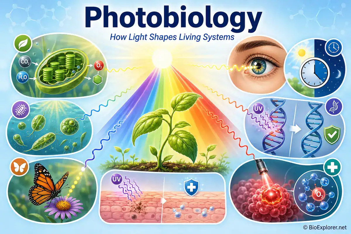 Photobiology infographic showing light interactions with plants, chloroplasts, algae, vision, biological clocks, DNA damage and repair, UV response, photosynthesis, and light-based medical treatments.