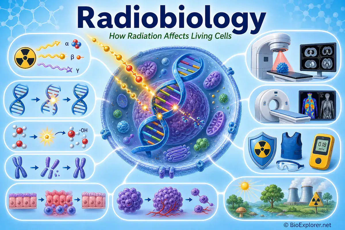 Radiobiology infographic showing radiation effects on cells, DNA damage and repair, chromosomes, proteins, membranes, radiation therapy, medical imaging, dose measurement, and radiation protection.