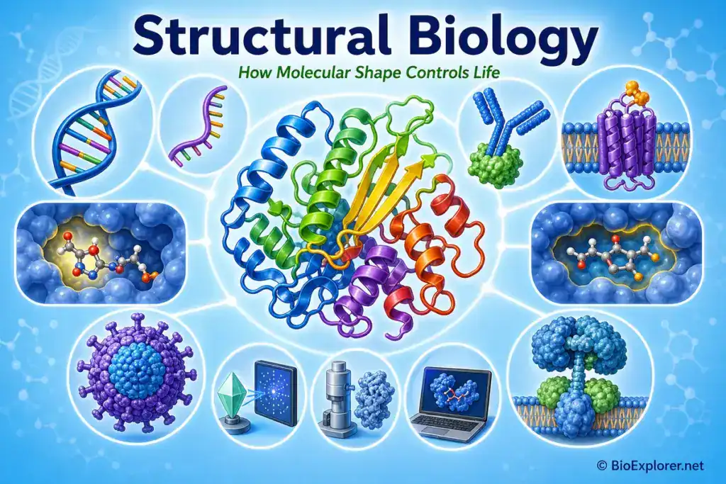 Structural biology infographic showing 3D protein structure, DNA, RNA, membrane receptors, enzyme active sites, virus capsids, antibodies, molecular machines, and drug-target binding.