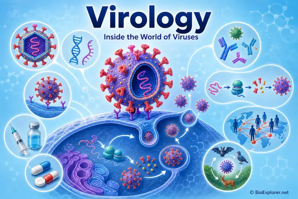 Virology infographic showing virus structure, host cell infection, viral replication, antibodies, vaccines, antiviral drugs, outbreaks, and virus evolution.