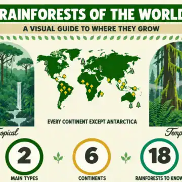 World map of rainforests showing tropical and temperate rainforest regions on every continent except Antarctica