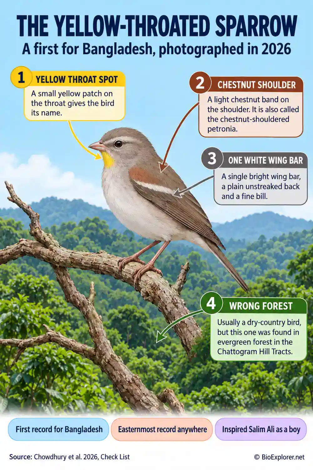 Yellow-Throated Sparrow Infographic Infographic on the yellow-throated sparrow: a gray-brown sparrow with a yellow throat spot, light chestnut shoulder and one white wing bar, perched above evergreen forest in the Chattogram Hill Tracts
