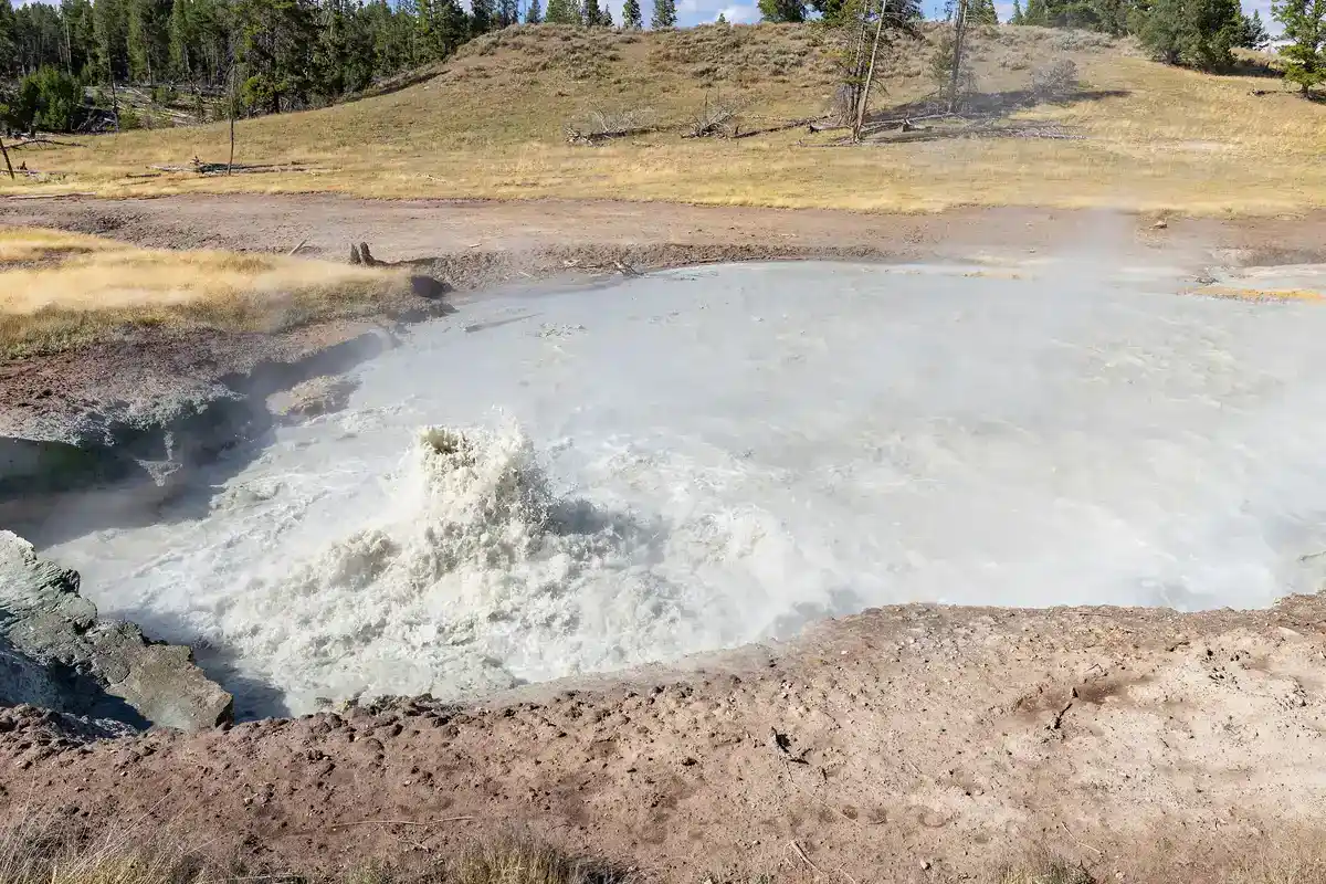 Steaming gray mud spring called Churning Cauldron in the Mud Volcano area of Yellowstone National Park