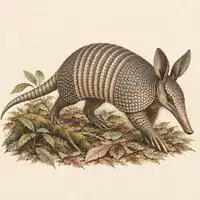 Illustration of a Yungas long-nosed armadillo with a gray-brown banded shell and long ears, walking on leaf litter