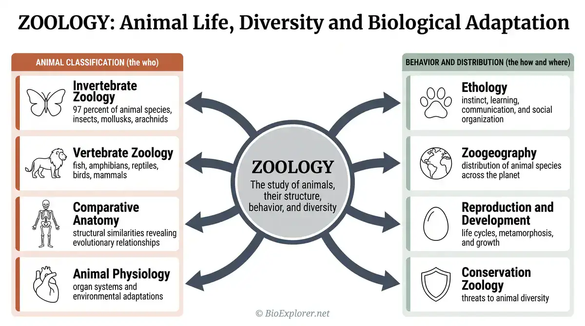 Zoology glossary infographic showing animal classification, invertebrate zoology, vertebrate zoology, animal physiology, ethology, zoogeography, reproduction, development, and conservation zoology.